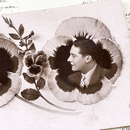1930s - Vintage French Postcard - Sepia Double Portrait - Man and Woman - Pansy Flower Art Deco Style - P.C. Paris Photo Card - Elegance