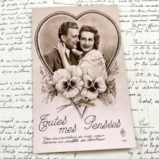 1930s - Vintage French Romantic Sepia Postcard - Couple in Heart Frame with Pansies - Sentimental Love Ephemera - Collectible Art Deco Era