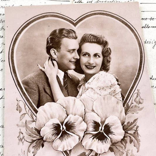 1930s - Vintage French Romantic Sepia Postcard - Couple in Heart Frame with Pansies - Sentimental Love Ephemera - Collectible Art Deco Era