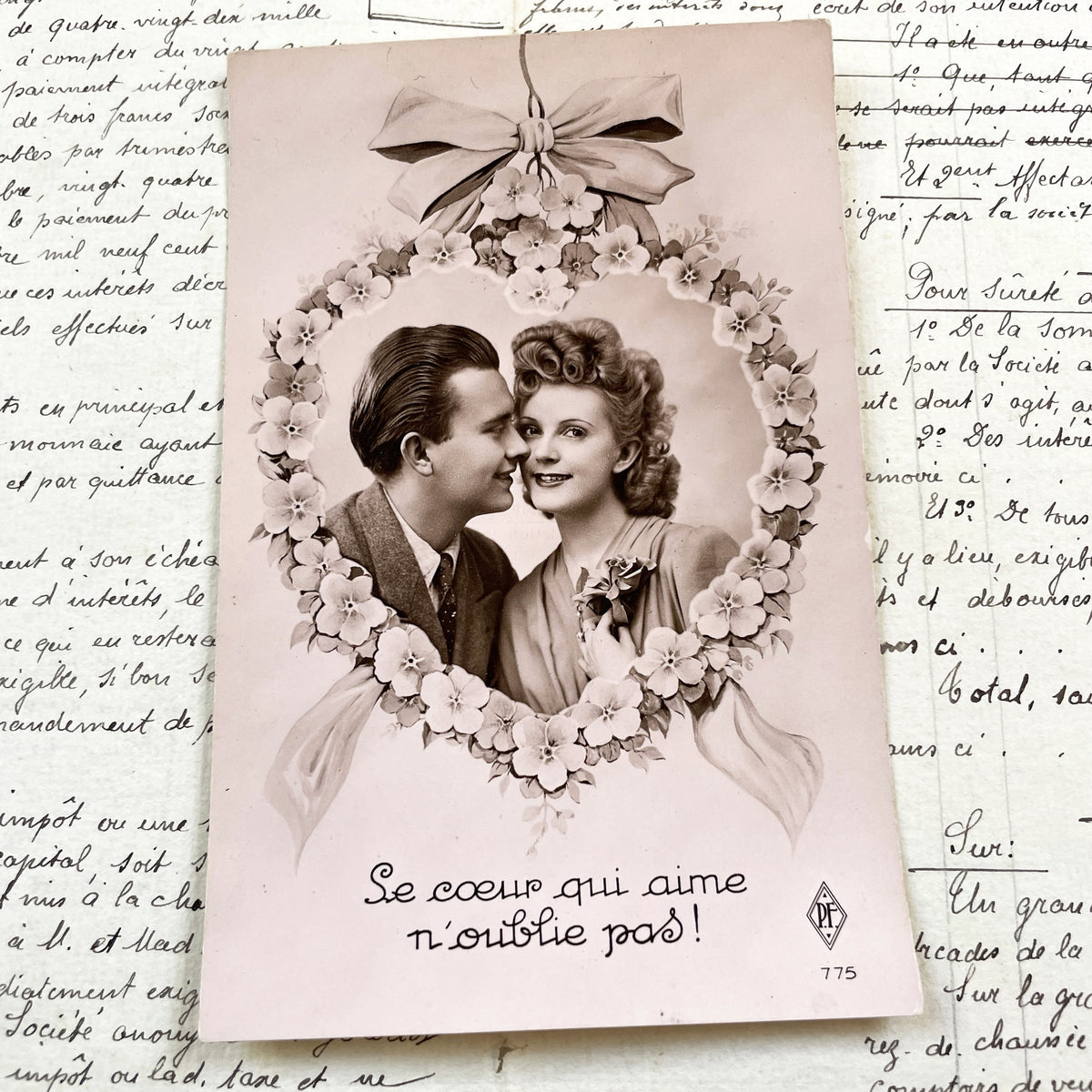 1940s - Vintage Romantic Postcard - Sepia Couple Photo - Heart Floral Garland - French Sentiment - Love Keepsake - Timeless Sweet Memories