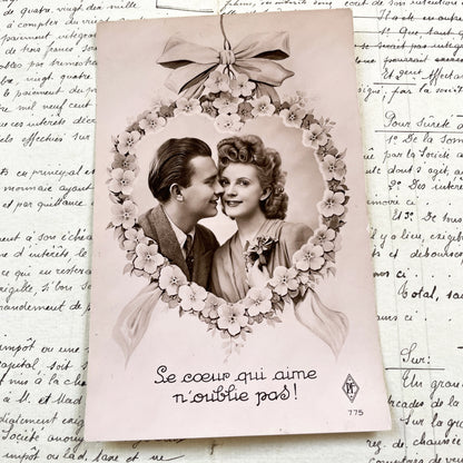 1940s - Vintage Romantic Postcard - Sepia Couple Photo - Heart Floral Garland - French Sentiment - Love Keepsake - Timeless Sweet Memories