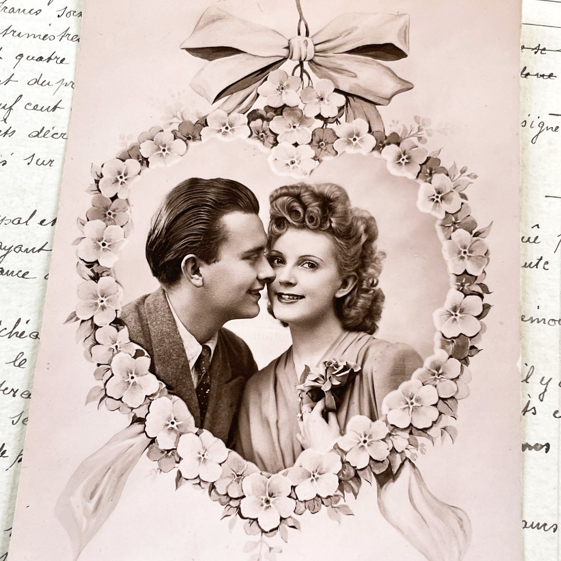 1940s - Vintage Romantic Postcard - Sepia Couple Photo - Heart Floral Garland - French Sentiment - Love Keepsake - Timeless Sweet Memories
