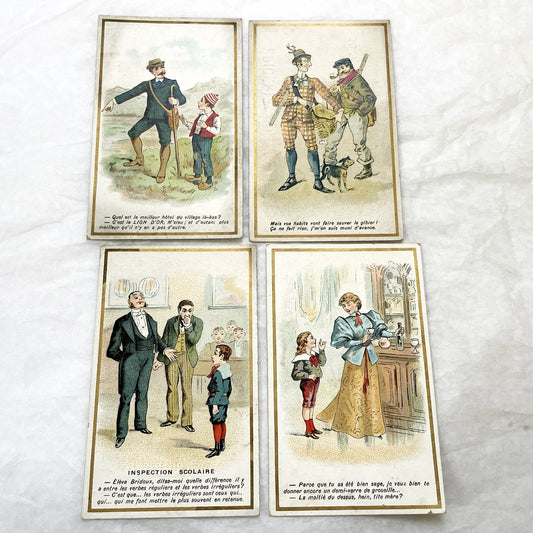 Late 19th - 4 French Advertising Trade Cards - Humorous Illustrated Chromos - Vintage Grocery Store Ephemera - A. Larrivé Auxerre