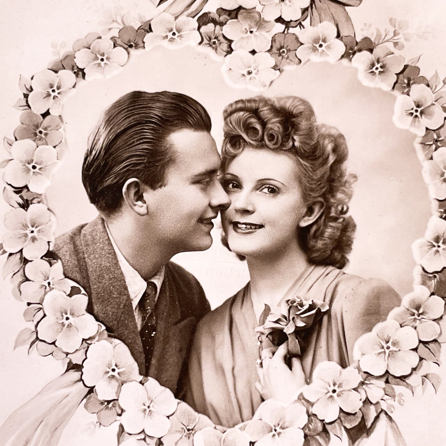 1940s - Vintage Romantic Postcard - Sepia Couple Photo - Heart Floral Garland - French Sentiment - Love Keepsake - Timeless Sweet Memories