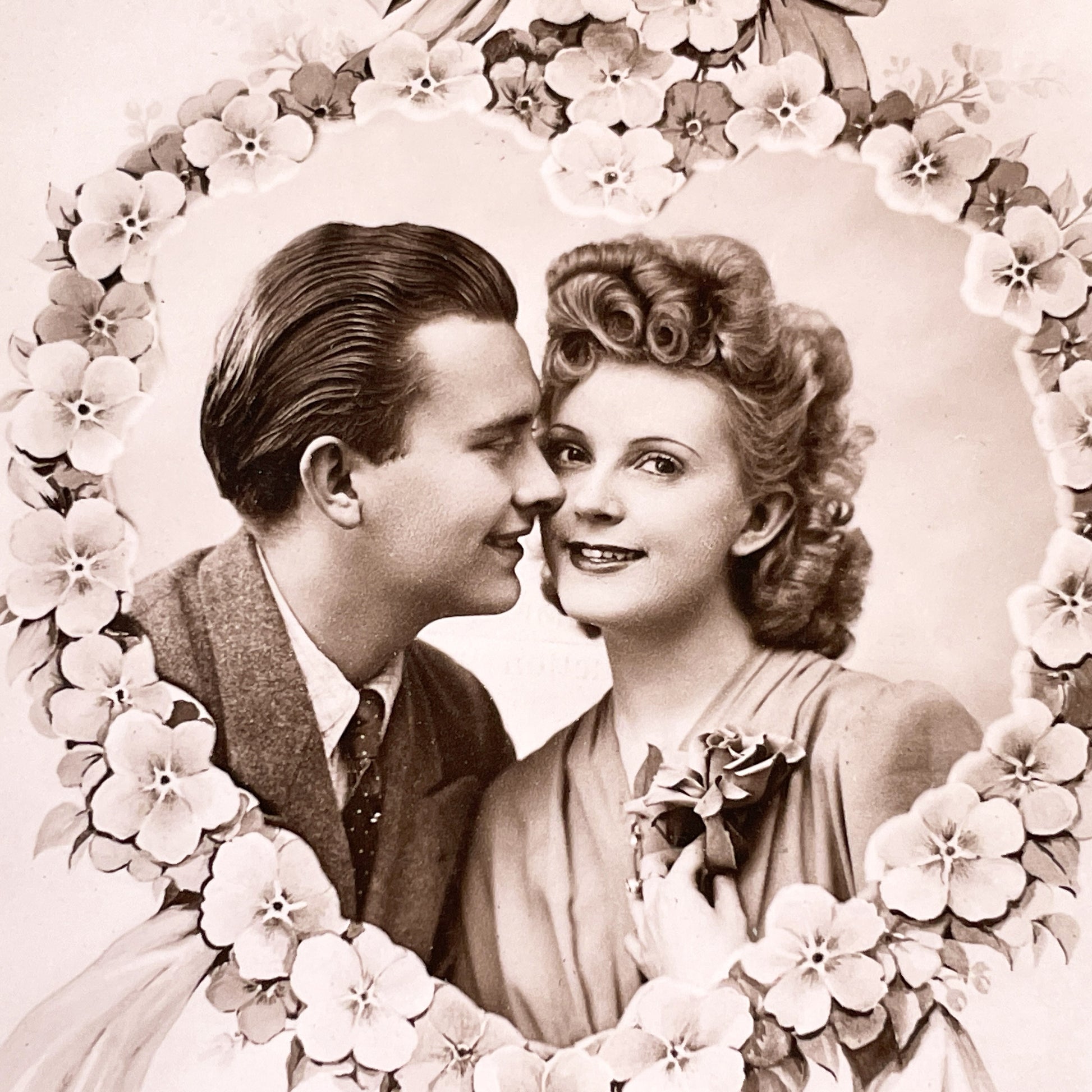 1940s - Vintage Romantic Postcard - Sepia Couple Photo - Heart Floral Garland - French Sentiment - Love Keepsake - Timeless Sweet Memories