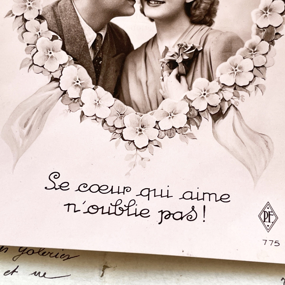1940s - Vintage Romantic Postcard - Sepia Couple Photo - Heart Floral Garland - French Sentiment - Love Keepsake - Timeless Sweet Memories