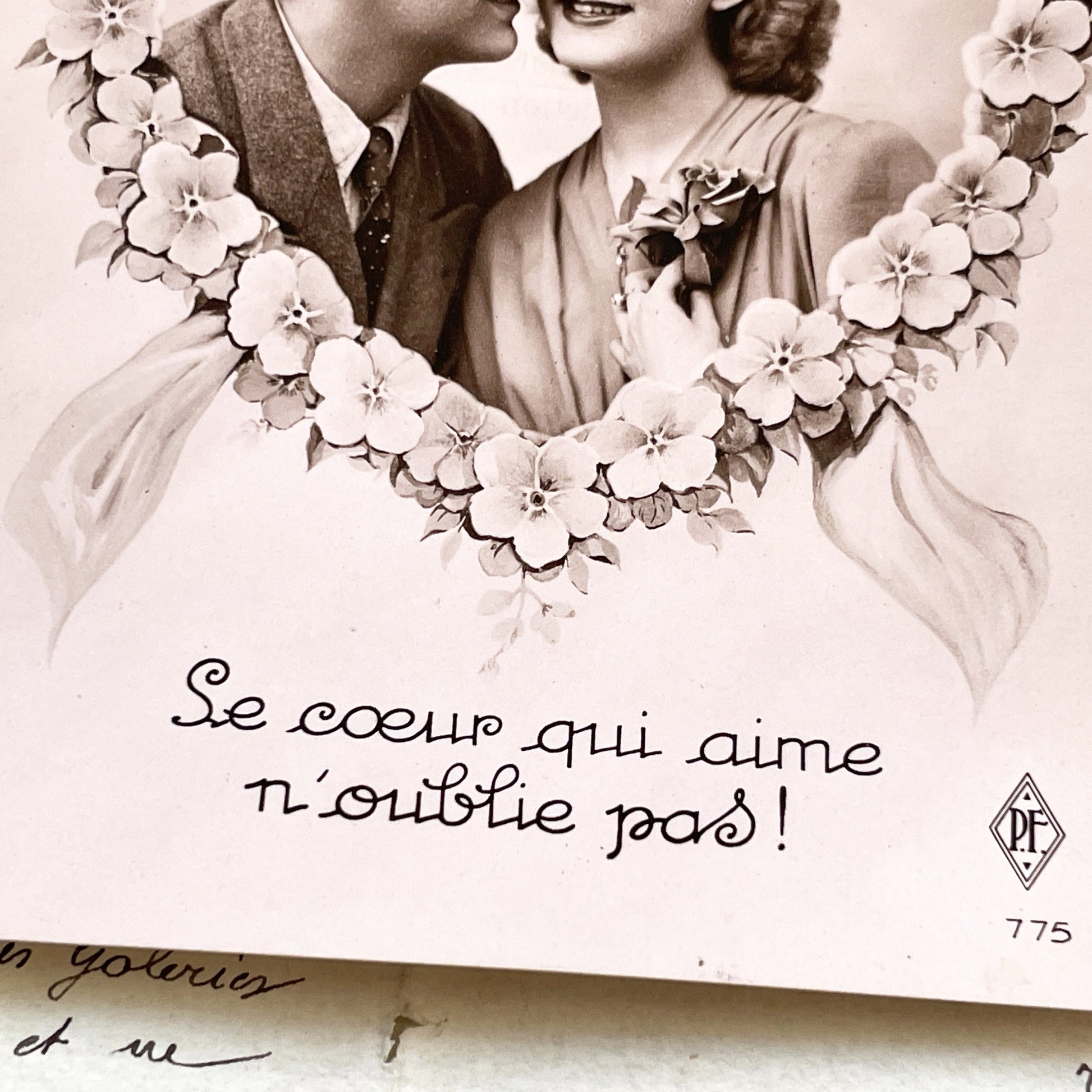 1940s - Vintage Romantic Postcard - Sepia Couple Photo - Heart Floral Garland - French Sentiment - Love Keepsake - Timeless Sweet Memories