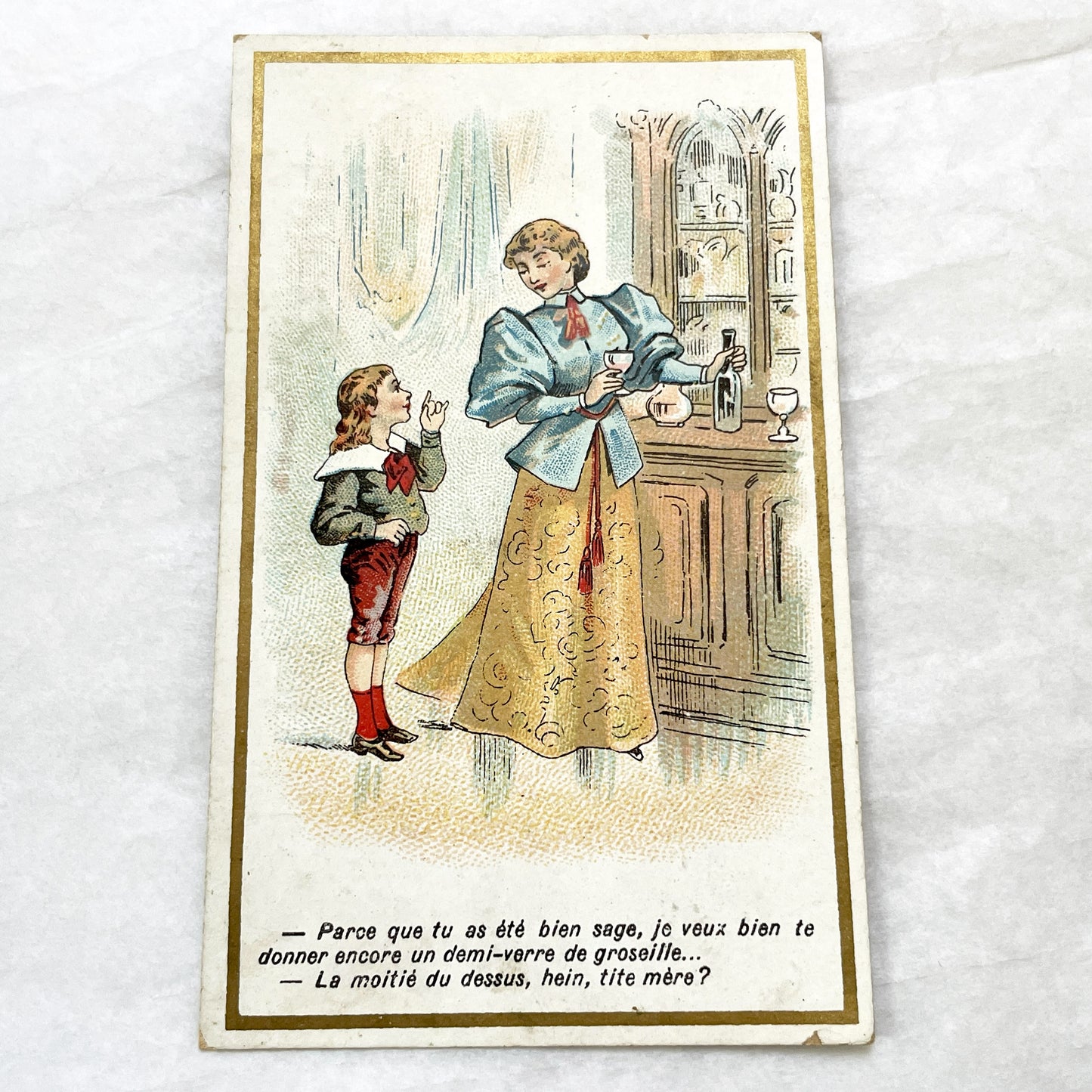 Late 19th - 4 French Advertising Trade Cards - Humorous Illustrated Chromos - Vintage Grocery Store Ephemera - A. Larrivé Auxerre