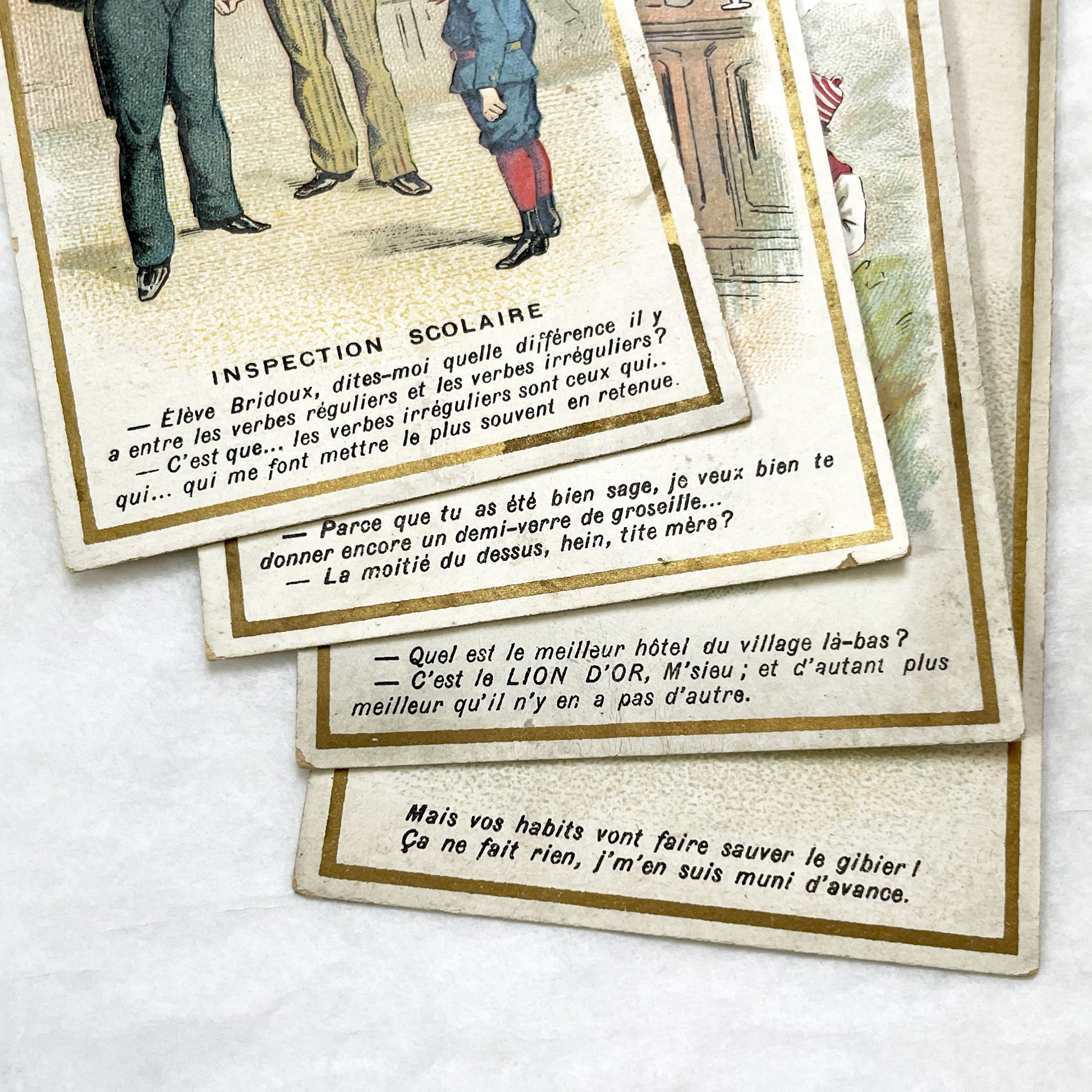 Late 19th - 4 French Advertising Trade Cards - Humorous Illustrated Chromos - Vintage Grocery Store Ephemera - A. Larrivé Auxerre