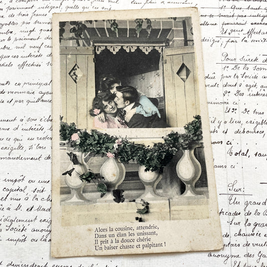 1900s - Antique Hand-Colored French Postcard - Romantic Kissing Couple On Balcony - Belle Epoque Era Art Print - Ephemera Collectible