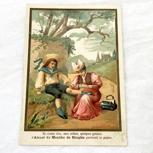 1900s - Ricqlès Mint Alcohol Advertising Card - Vintage French Lithograph Trade Card - Child First Aid - Collectible Ephemera
