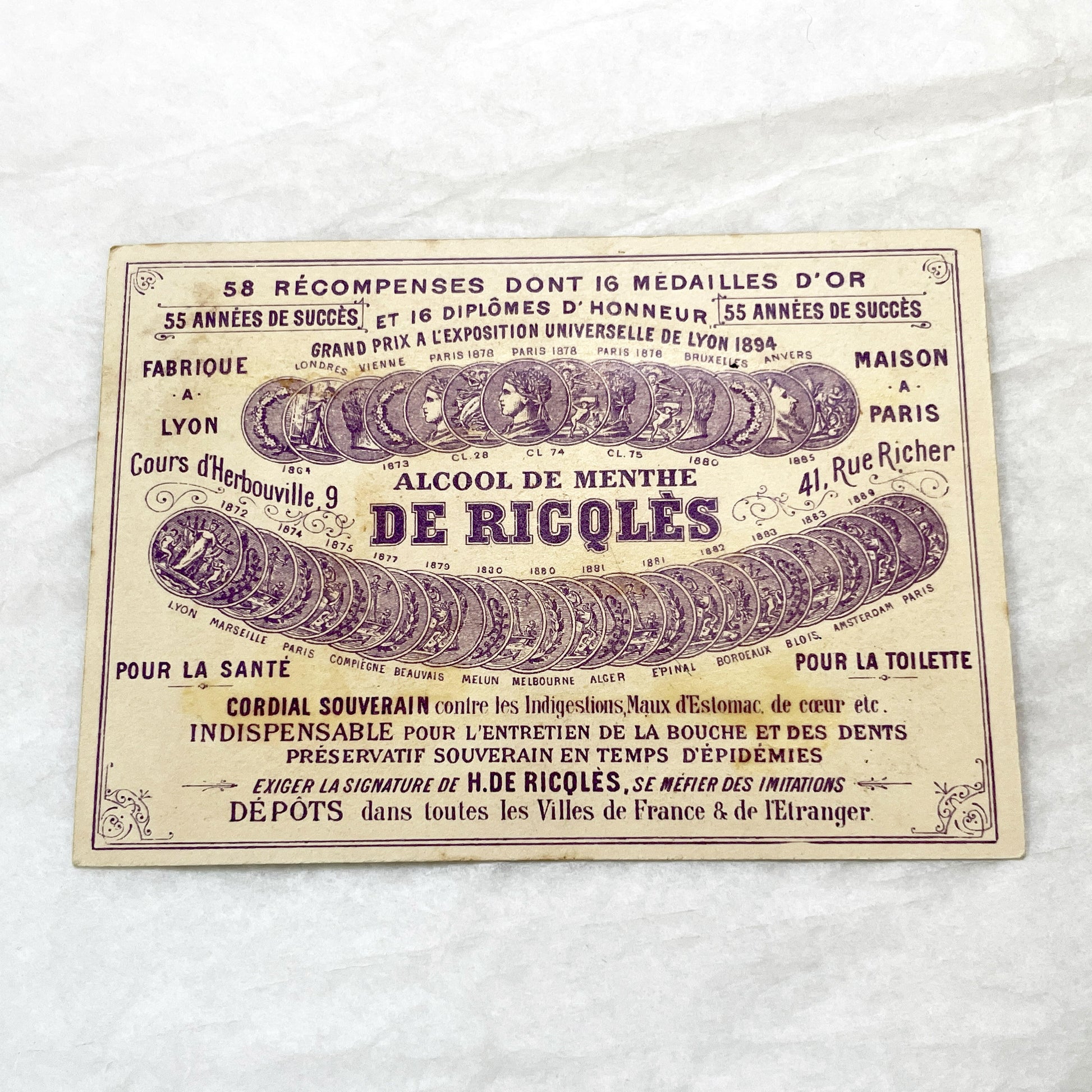 1900s - Ricqlès Mint Alcohol Advertising Card - Vintage French Lithograph Trade Card - Child First Aid - Collectible Ephemera