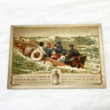 Late 19th - Vintage French Advertising Trade Card for Alcool de Menthe de Ricqlès - Nautical Rescue Scene - Medicinal Product Promotion