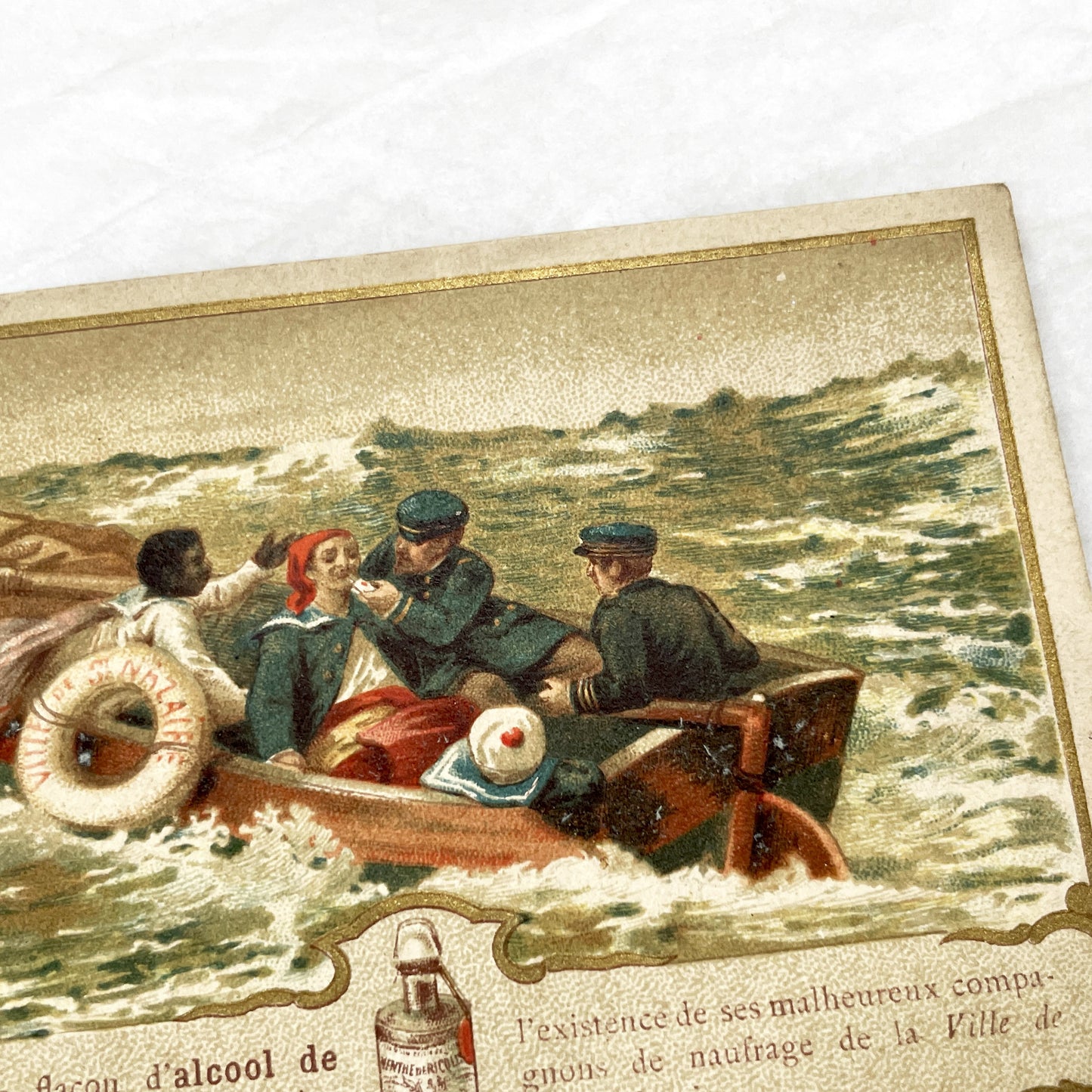 Late 19th - Vintage French Advertising Trade Card for Alcool de Menthe de Ricqlès - Nautical Rescue Scene - Medicinal Product Promotion
