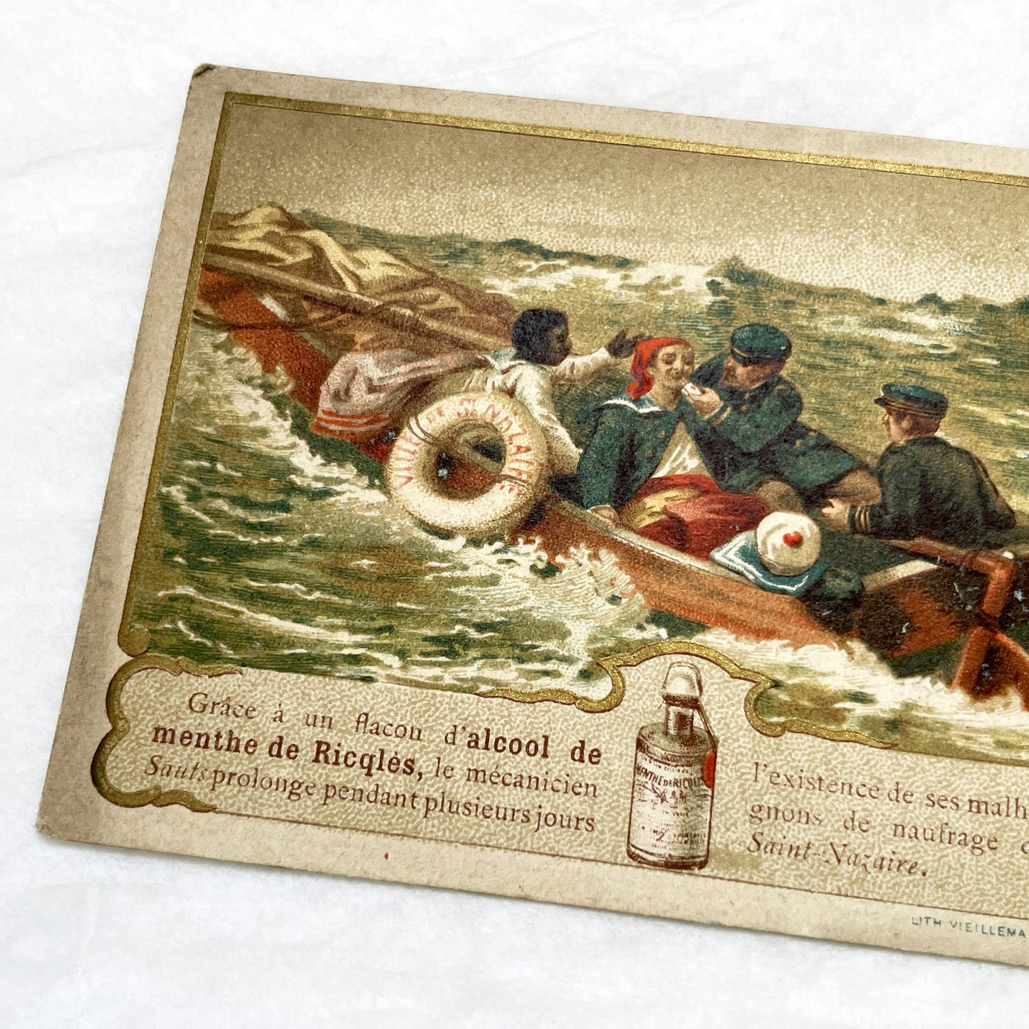 Late 19th - Vintage French Advertising Trade Card for Alcool de Menthe de Ricqlès - Nautical Rescue Scene - Medicinal Product Promotion