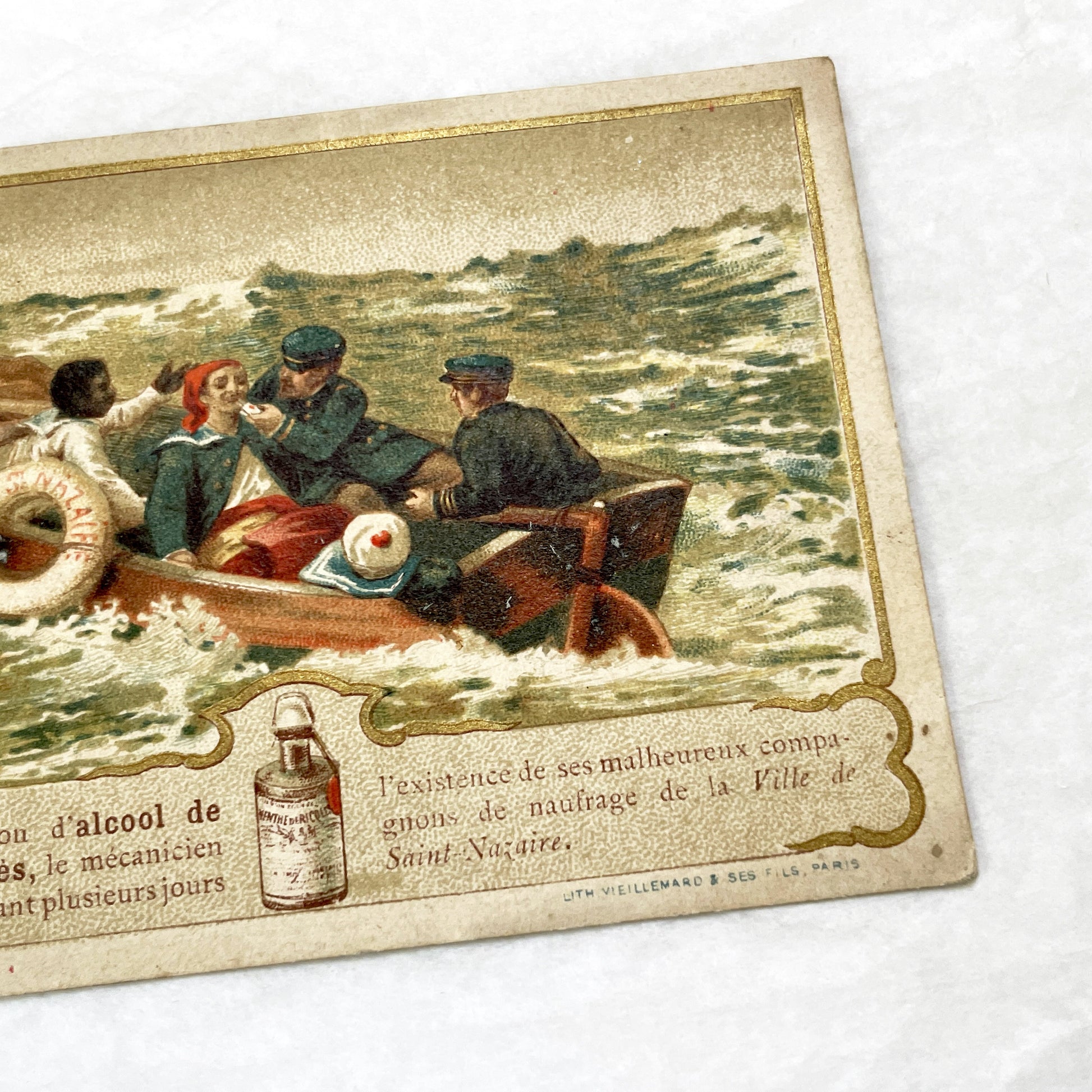 Late 19th - Vintage French Advertising Trade Card for Alcool de Menthe de Ricqlès - Nautical Rescue Scene - Medicinal Product Promotion