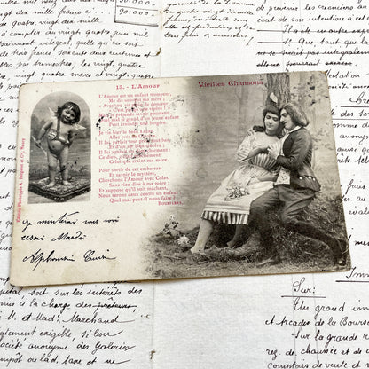 1900s - Antique French Romantic Postcard - Boufflers Poem 'L'Amour' - Belle Époque Sepia Art - Cupid Cherub - Handwritten Note