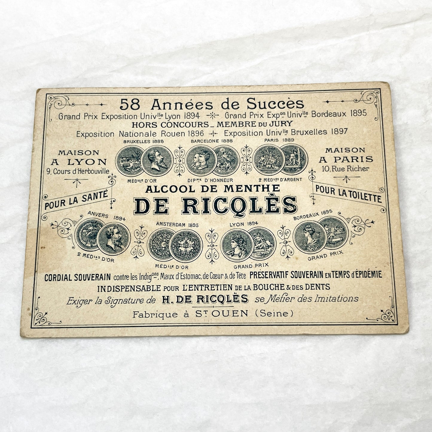 Late 19th - Vintage French Advertising Trade Card for Alcool de Menthe de Ricqlès - Nautical Rescue Scene - Medicinal Product Promotion