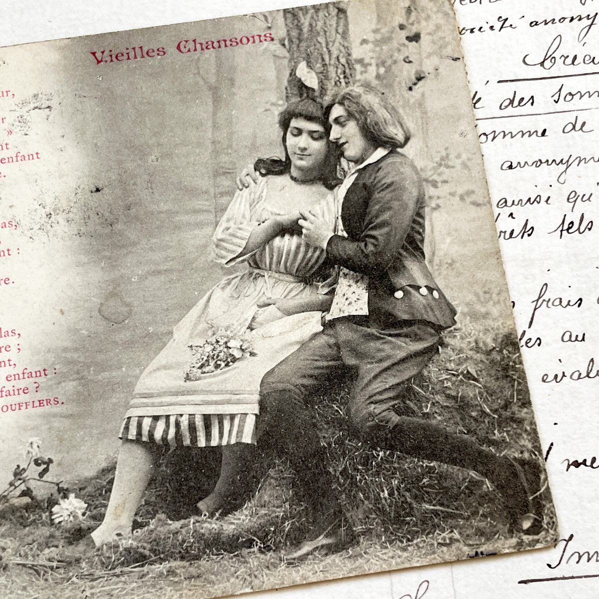 1900s - Antique French Romantic Postcard - Boufflers Poem 'L'Amour' - Belle Époque Sepia Art - Cupid Cherub - Handwritten Note