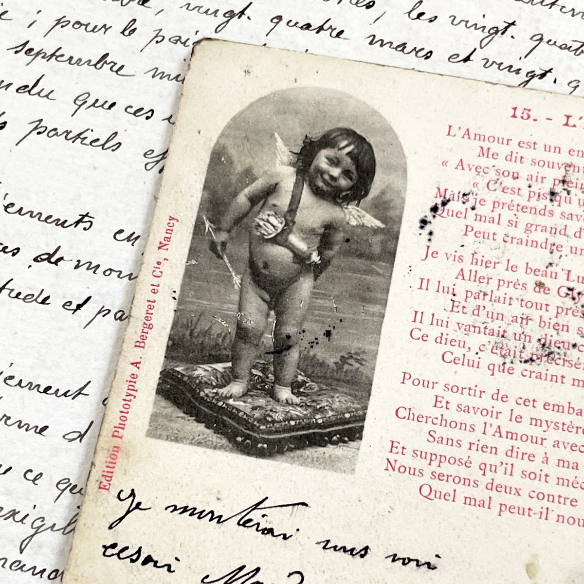 1900s - Antique French Romantic Postcard - Boufflers Poem 'L'Amour' - Belle Époque Sepia Art - Cupid Cherub - Handwritten Note