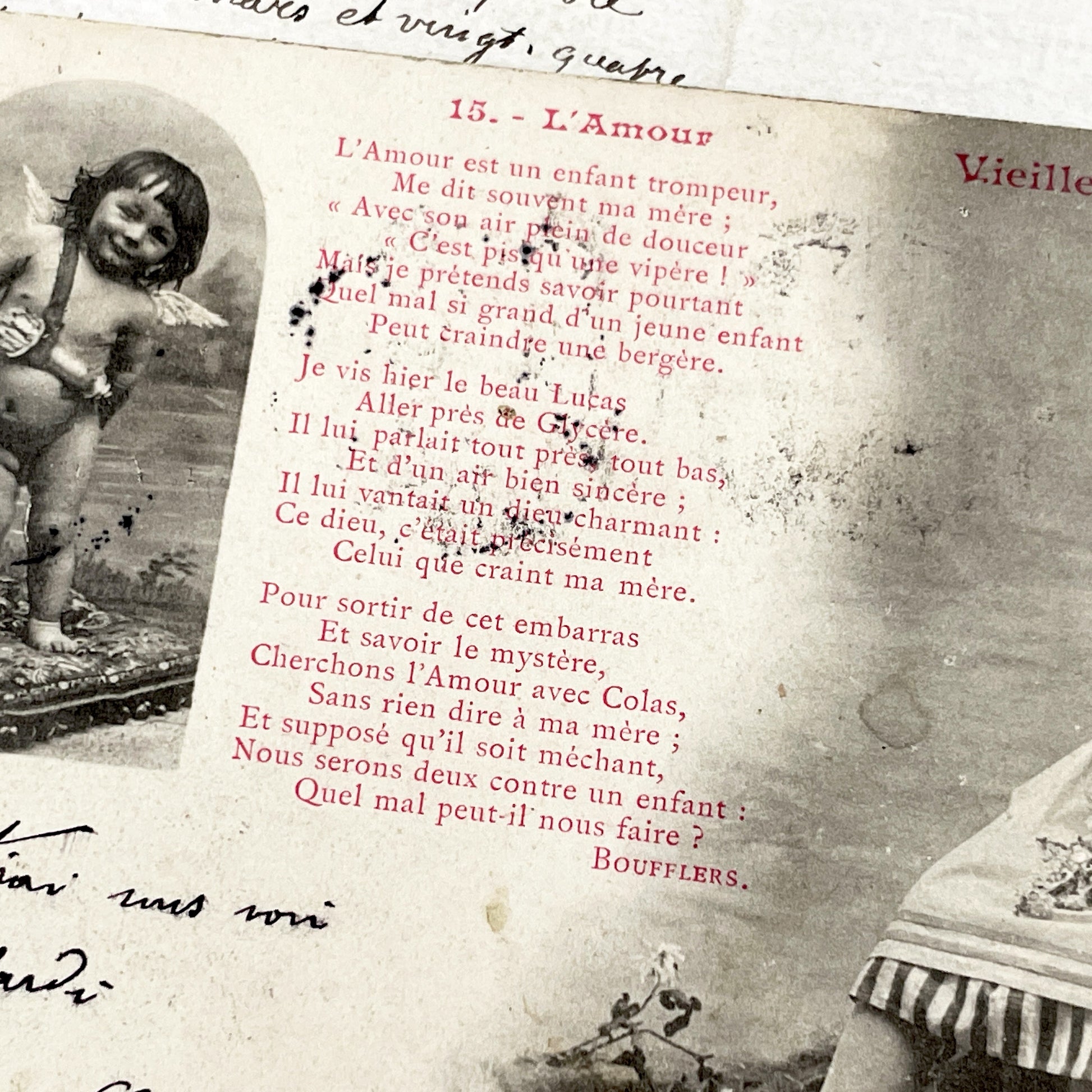 1900s - Antique French Romantic Postcard - Boufflers Poem 'L'Amour' - Belle Époque Sepia Art - Cupid Cherub - Handwritten Note
