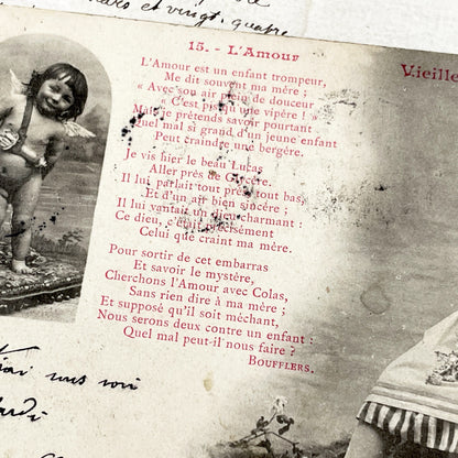 1900s - Antique French Romantic Postcard - Boufflers Poem 'L'Amour' - Belle Époque Sepia Art - Cupid Cherub - Handwritten Note