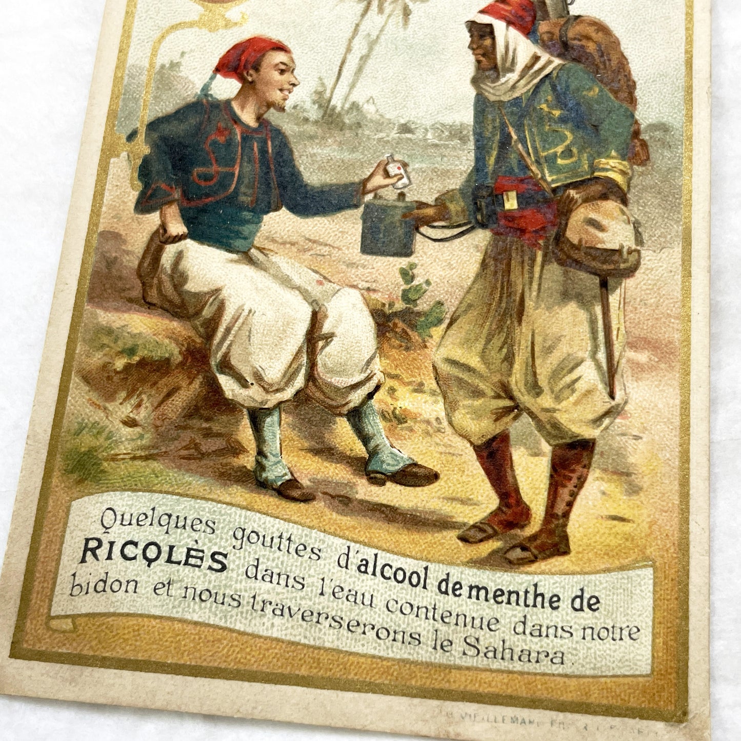 Late 19th - Ricqlès Peppermint Alcohol Advertising Trade Card with Desert Sahara Scene - Vintage French Chromo Collectible