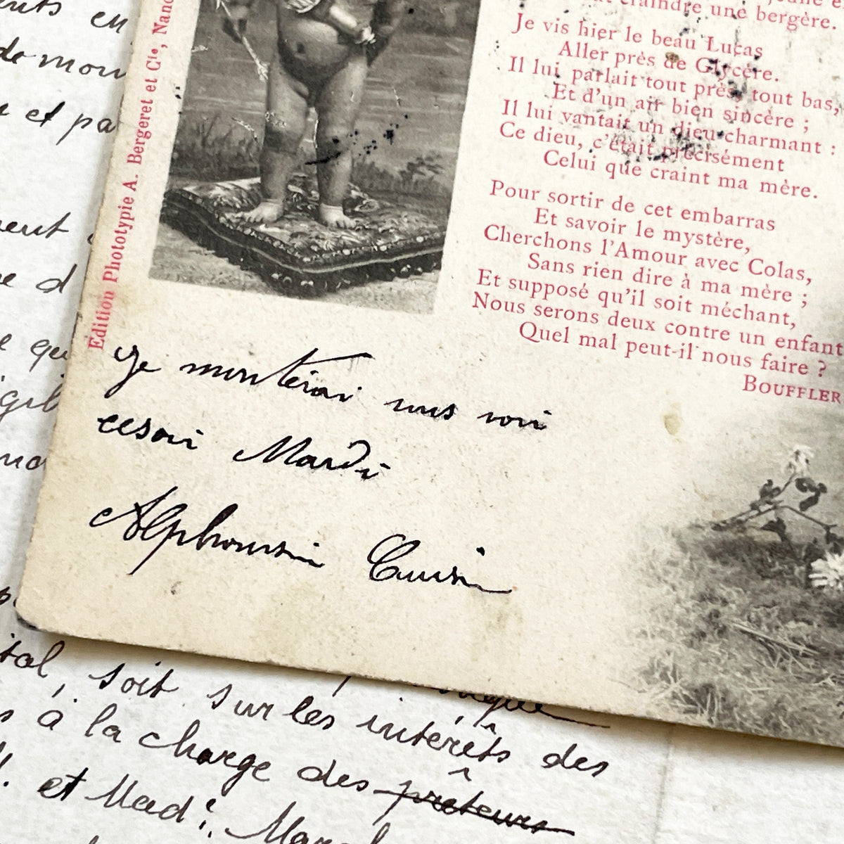 1900s - Antique French Romantic Postcard - Boufflers Poem 'L'Amour' - Belle Époque Sepia Art - Cupid Cherub - Handwritten Note