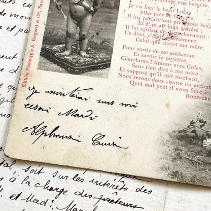 1900s - Antique French Romantic Postcard - Boufflers Poem 'L'Amour' - Belle Époque Sepia Art - Cupid Cherub - Handwritten Note