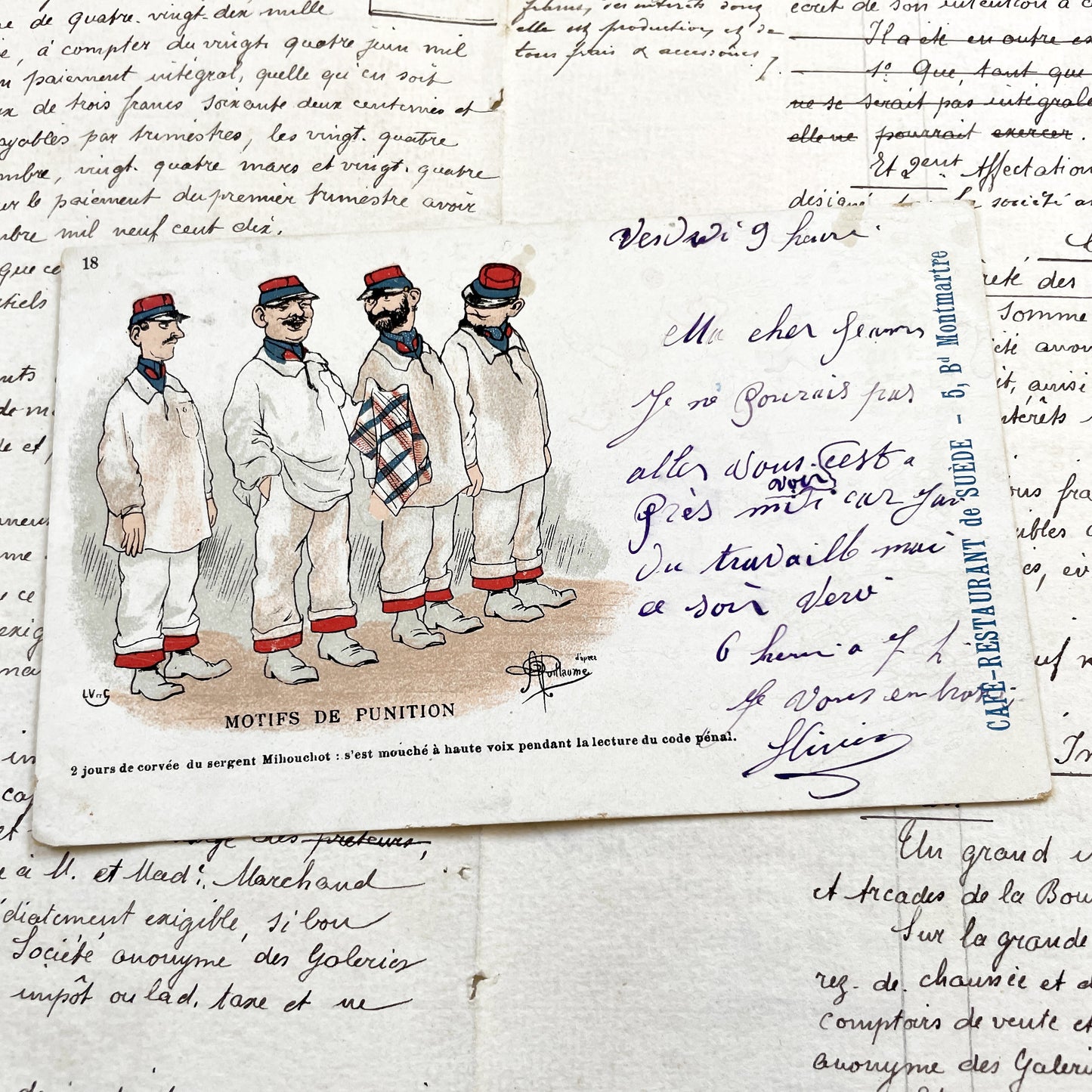 1900s - Humorous French Military Postcard - Sergeant Mihouchot Punishment Satire - Parisian Cafe Culture Memorabilia - Vintage Ephemera