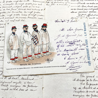 1900s - Humorous French Military Postcard - Sergeant Mihouchot Punishment Satire - Parisian Cafe Culture Memorabilia - Vintage Ephemera