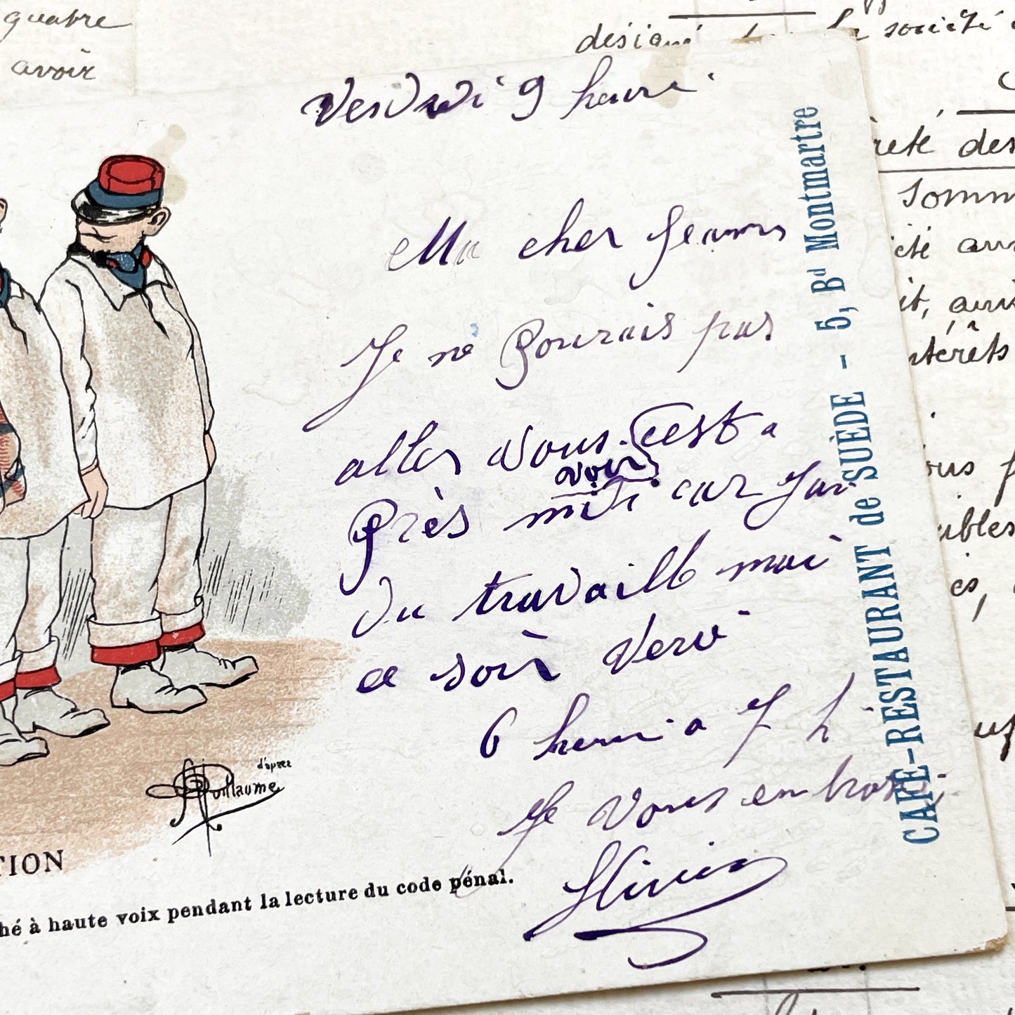 1900s - Humorous French Military Postcard - Sergeant Mihouchot Punishment Satire - Parisian Cafe Culture Memorabilia - Vintage Ephemera