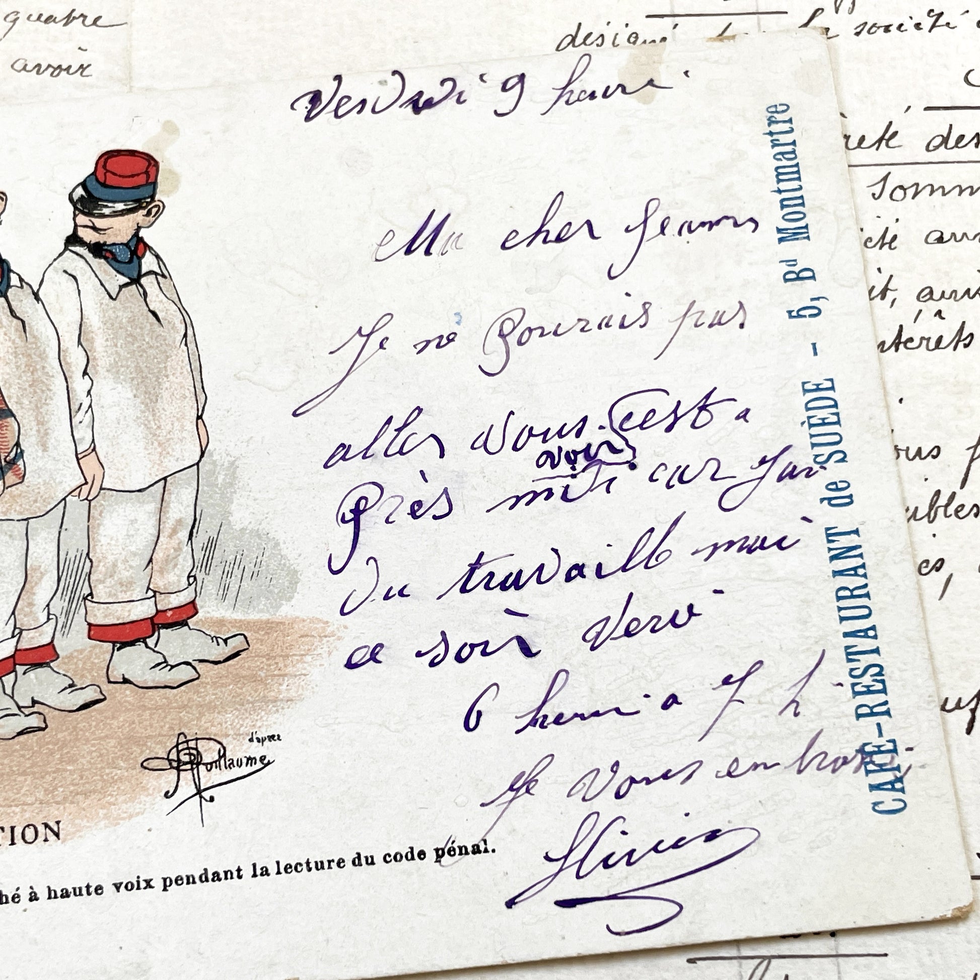 1900s - Humorous French Military Postcard - Sergeant Mihouchot Punishment Satire - Parisian Cafe Culture Memorabilia - Vintage Ephemera