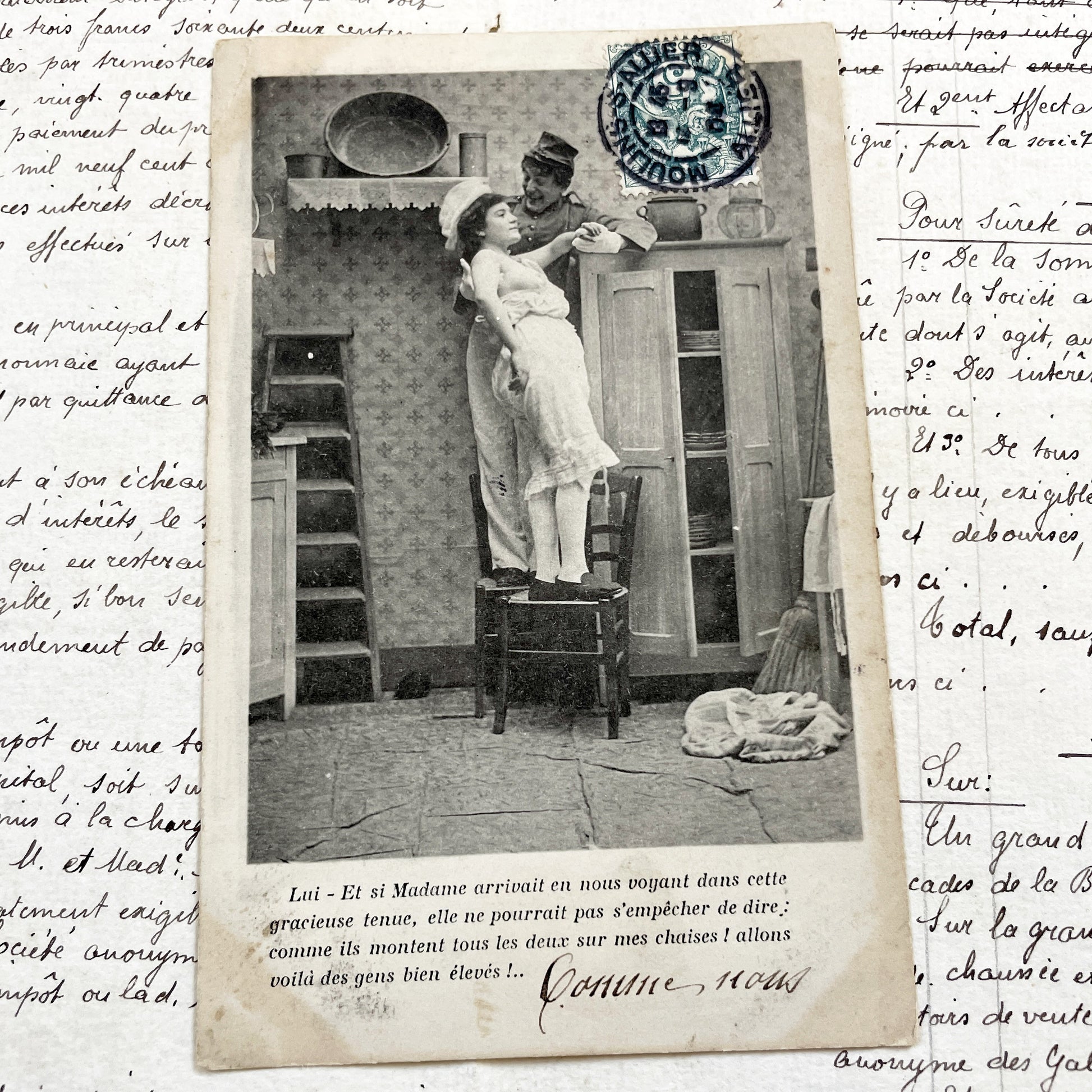 1900s - Vintage French Humorous Postcard - Risque Photo - Soldier & Woman - Belle Epoque Era - Collectible Militaria - Antique Ephemera