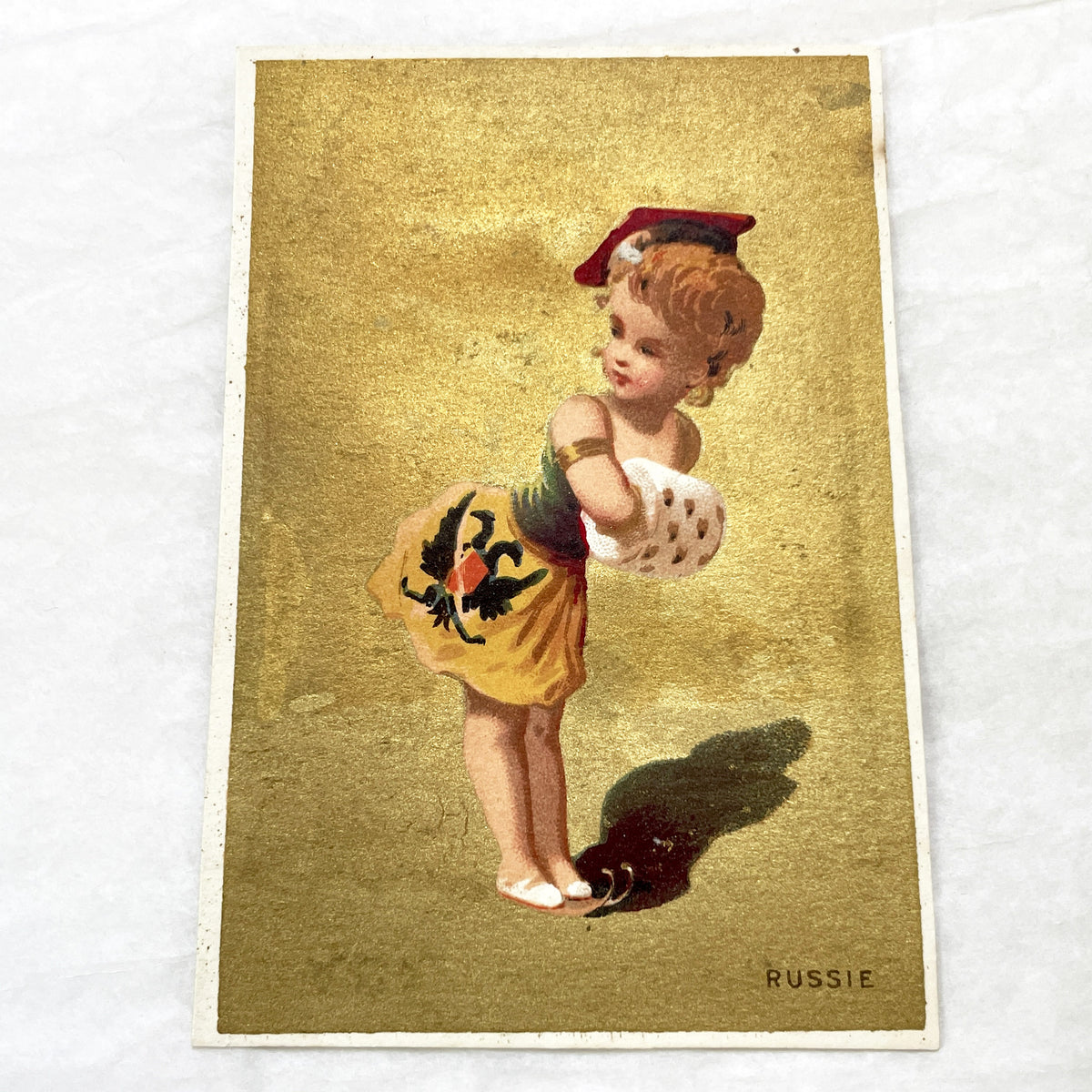 1900s - Vintage Russian Child Chromo with Gold Background - Little Girl in National Costume - Antique Collectible Art Print