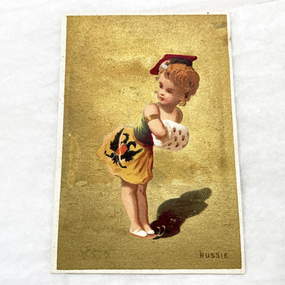 1900s - Vintage Russian Child Chromo with Gold Background - Little Girl in National Costume - Antique Collectible Art Print