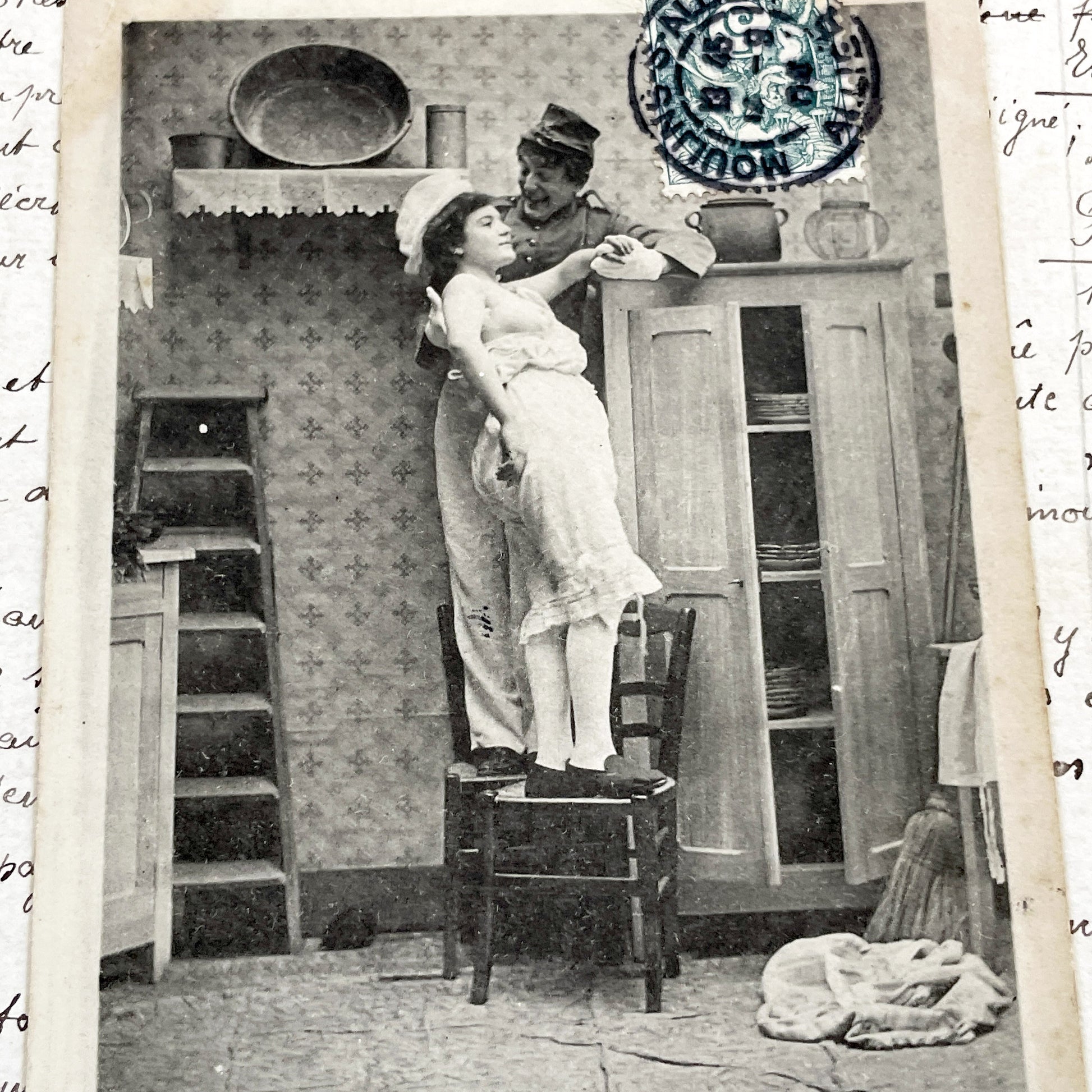 1900s - Vintage French Humorous Postcard - Risque Photo - Soldier & Woman - Belle Epoque Era - Collectible Militaria - Antique Ephemera