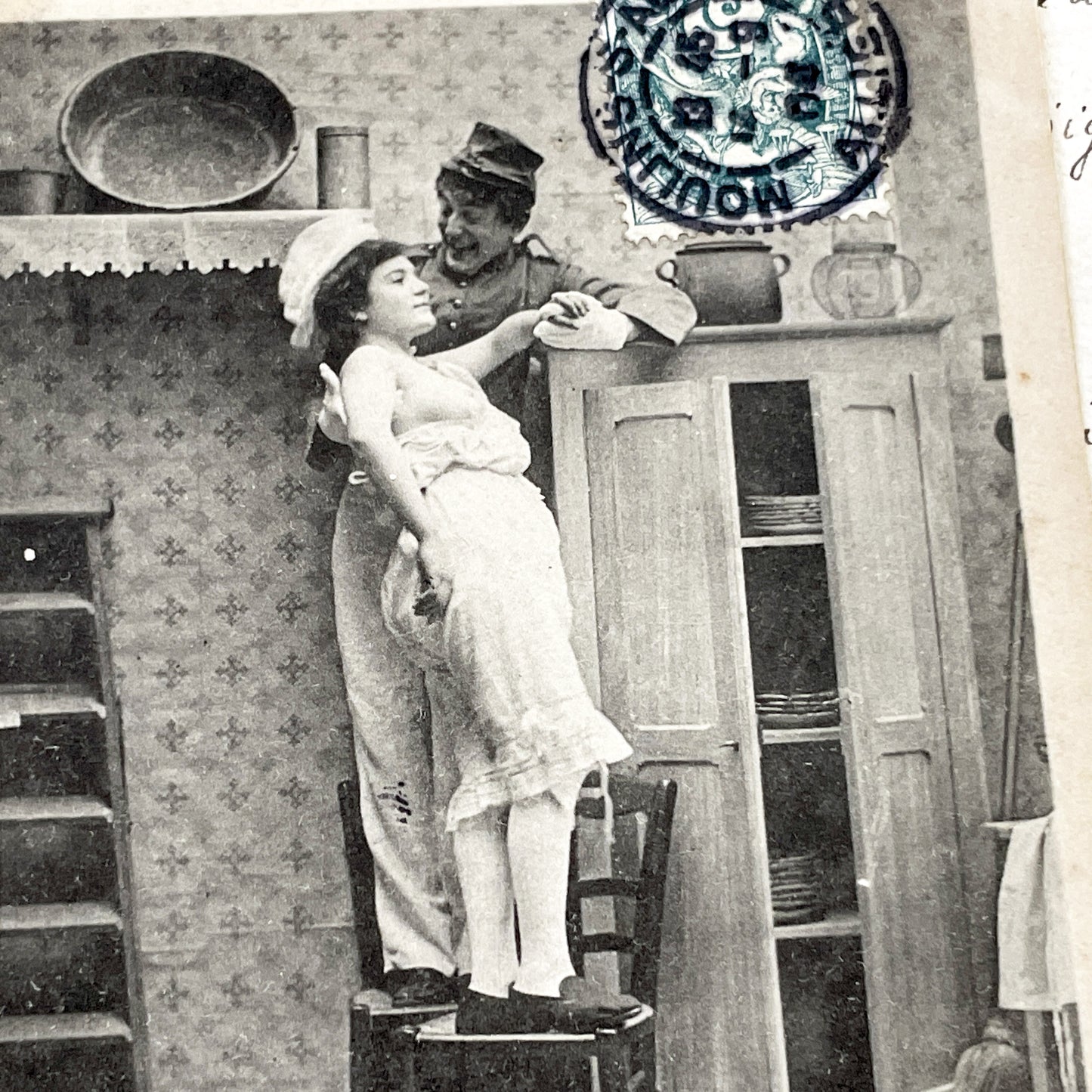 1900s - Vintage French Humorous Postcard - Risque Photo - Soldier & Woman - Belle Epoque Era - Collectible Militaria - Antique Ephemera