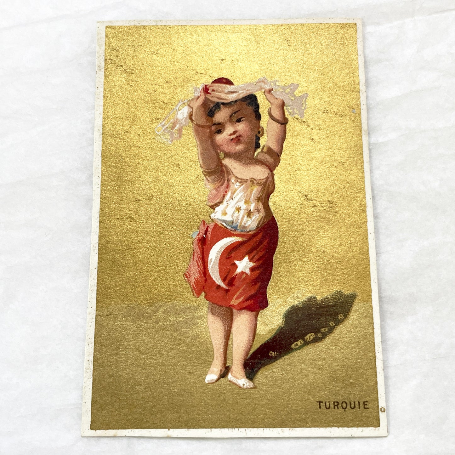 Late 19th - Vintage Chromo Card - Turkish Dancer Girl Child - Ottoman Empire Inspired Collectible - Gilt Gold Background - Cultural Ephemera