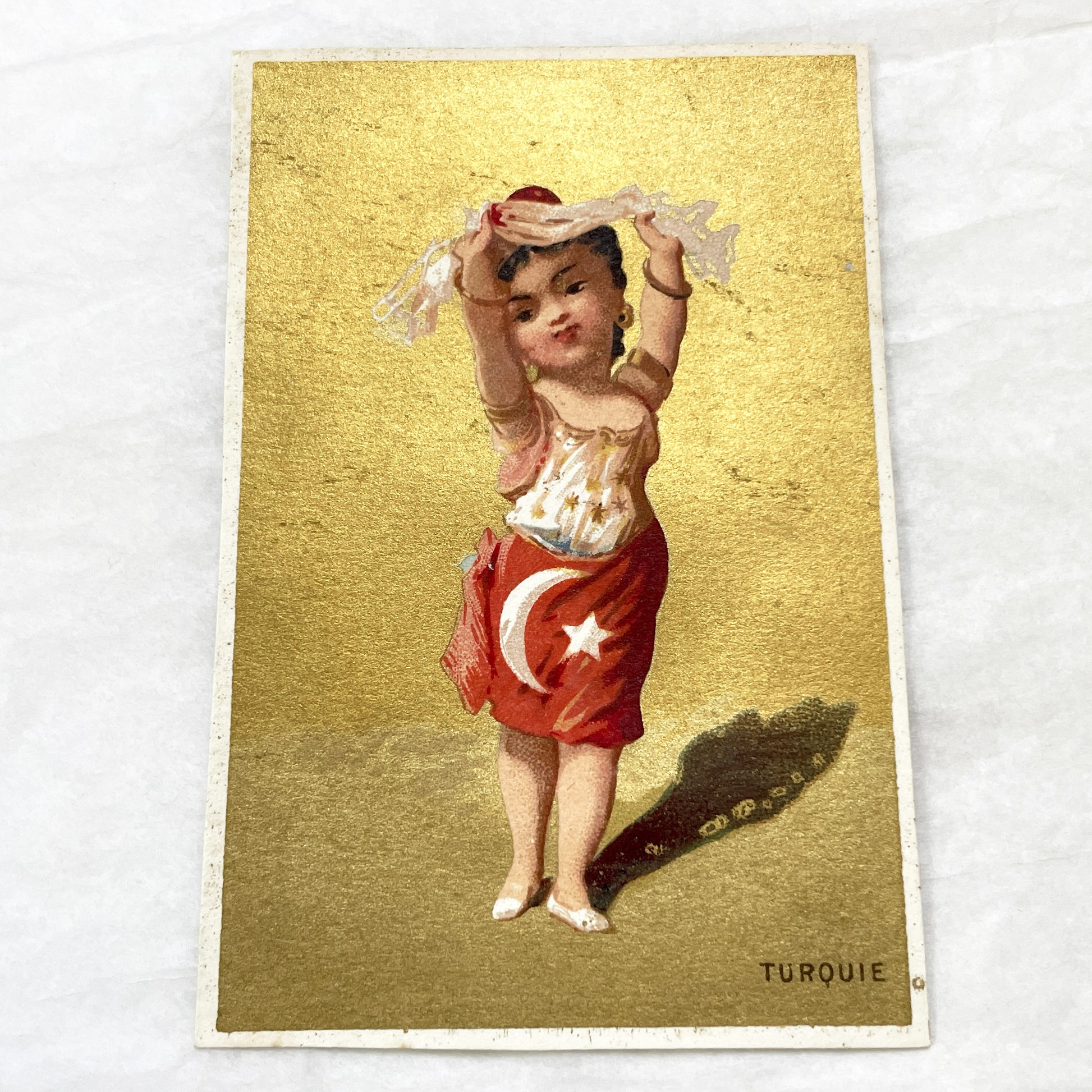 Late 19th - Vintage Chromo Card - Turkish Dancer Girl Child - Ottoman Empire Inspired Collectible - Gilt Gold Background - Cultural Ephemera