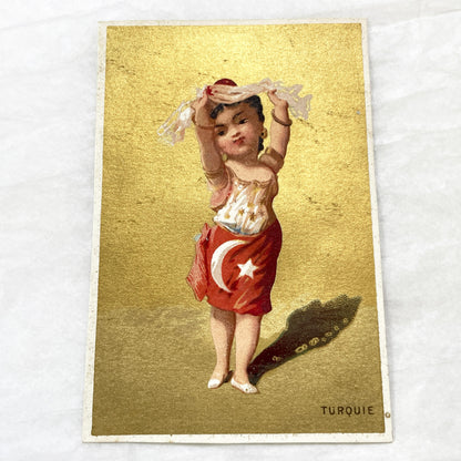 Late 19th - Vintage Chromo Card - Turkish Dancer Girl Child - Ottoman Empire Inspired Collectible - Gilt Gold Background - Cultural Ephemera