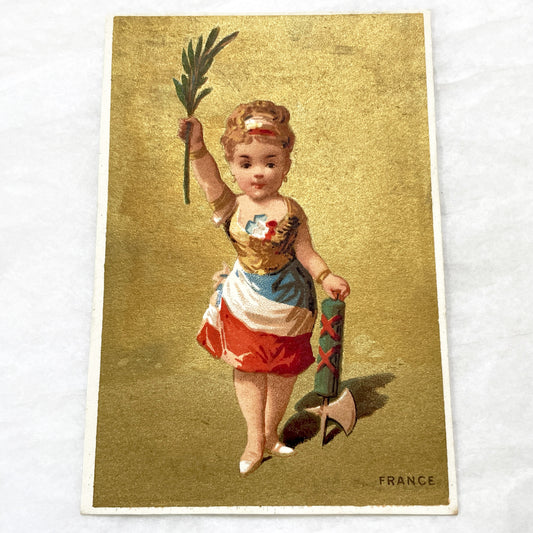 1900s - Patriotic French Child Figure Chromo - Marianne Allegory - Olive Branch - Fasces Emblem - Gilt Background - Vintage Ephemera
