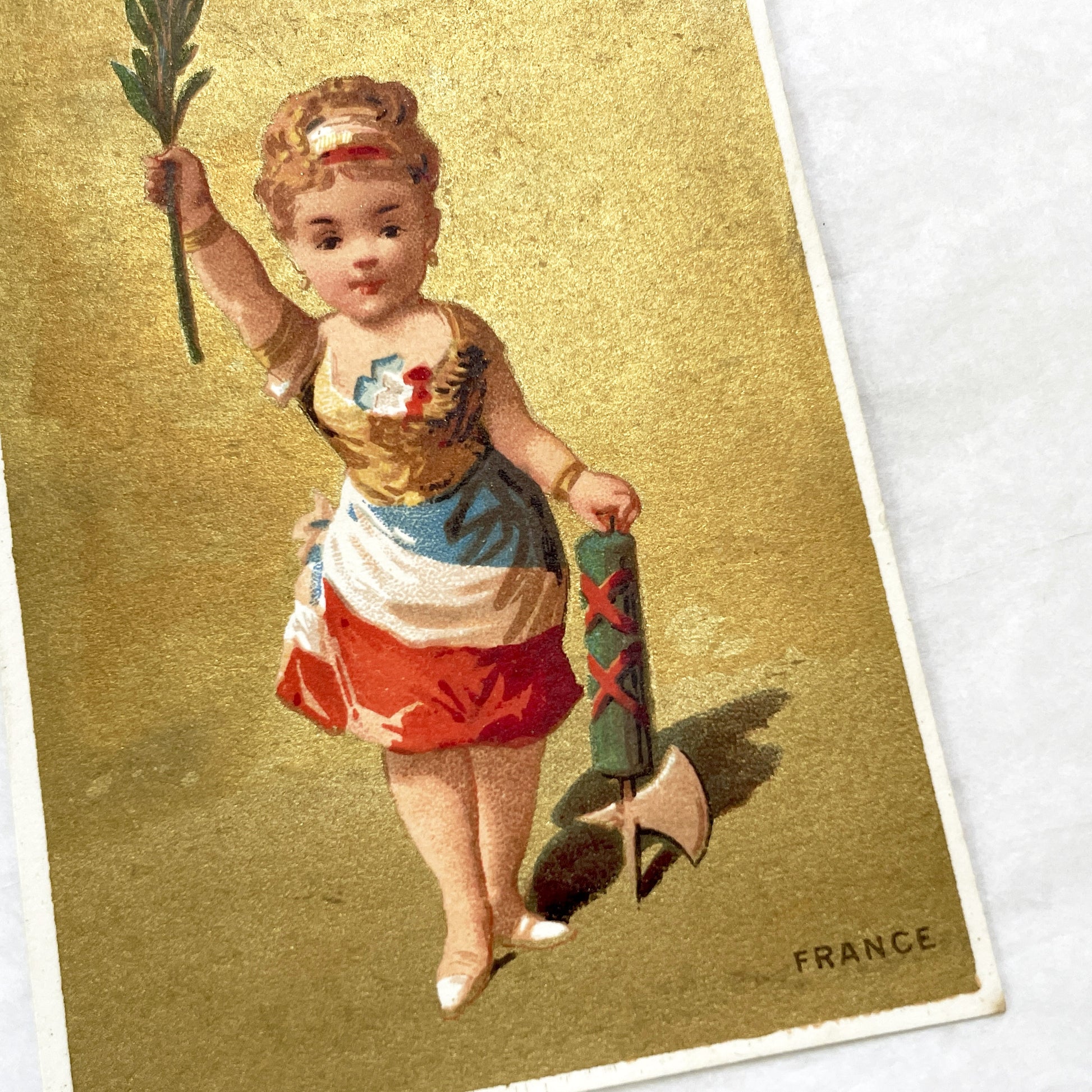 1900s - Patriotic French Child Figure Chromo - Marianne Allegory - Olive Branch - Fasces Emblem - Gilt Background - Vintage Ephemera