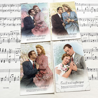 1940s - Romantic Vintage Postcards Set - Four French Love Chromos - Mid-Century Sentimental Couple Art - Collectible Paper Ephemera