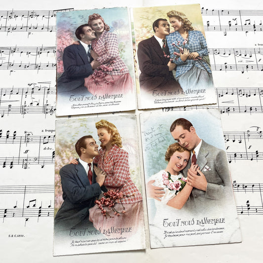 1940s - Romantic Vintage Postcards Set - Four French Love Chromos - Mid-Century Sentimental Couple Art - Collectible Paper Ephemera