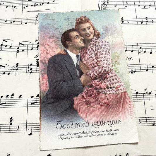 1940s - Romantic Vintage Postcards Set - Four French Love Chromos - Mid-Century Sentimental Couple Art - Collectible Paper Ephemera