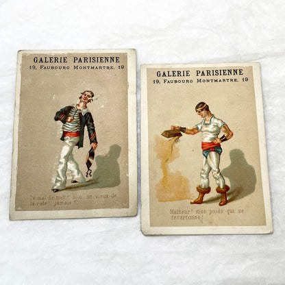 Late 19th - 2 Trade Cards - Parisian Haberdashery Advertising Chromos - Humorous Sailor and Strongman Illustrations - Vintage Ephemera