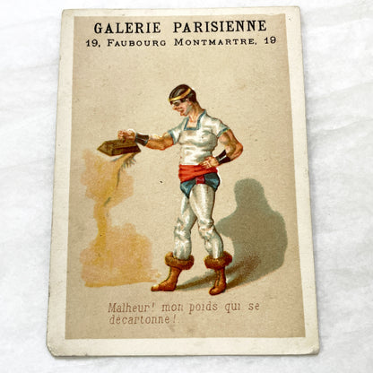 Late 19th - 2 Trade Cards - Parisian Haberdashery Advertising Chromos - Humorous Sailor and Strongman Illustrations - Vintage Ephemera