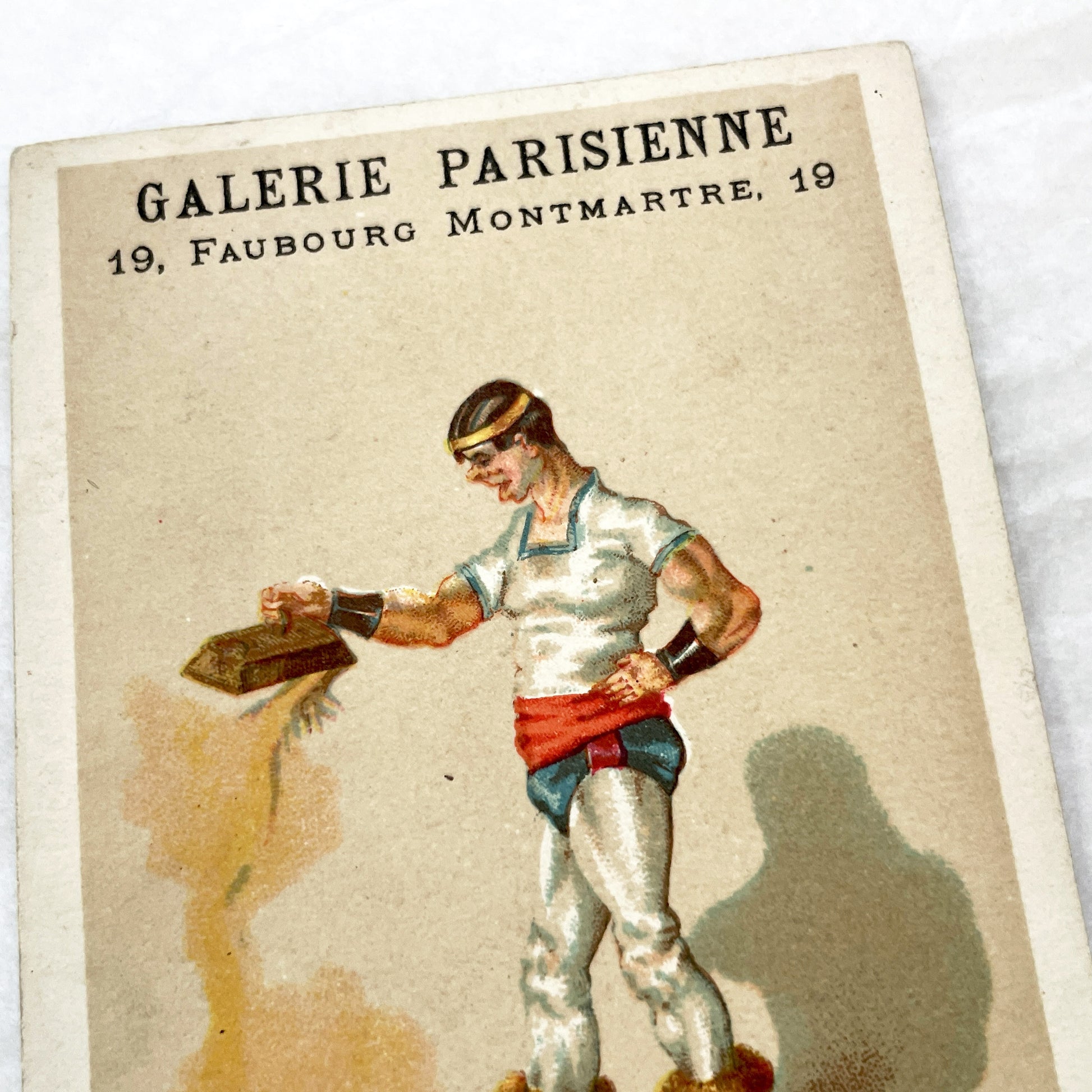 Late 19th - 2 Trade Cards - Parisian Haberdashery Advertising Chromos - Humorous Sailor and Strongman Illustrations - Vintage Ephemera