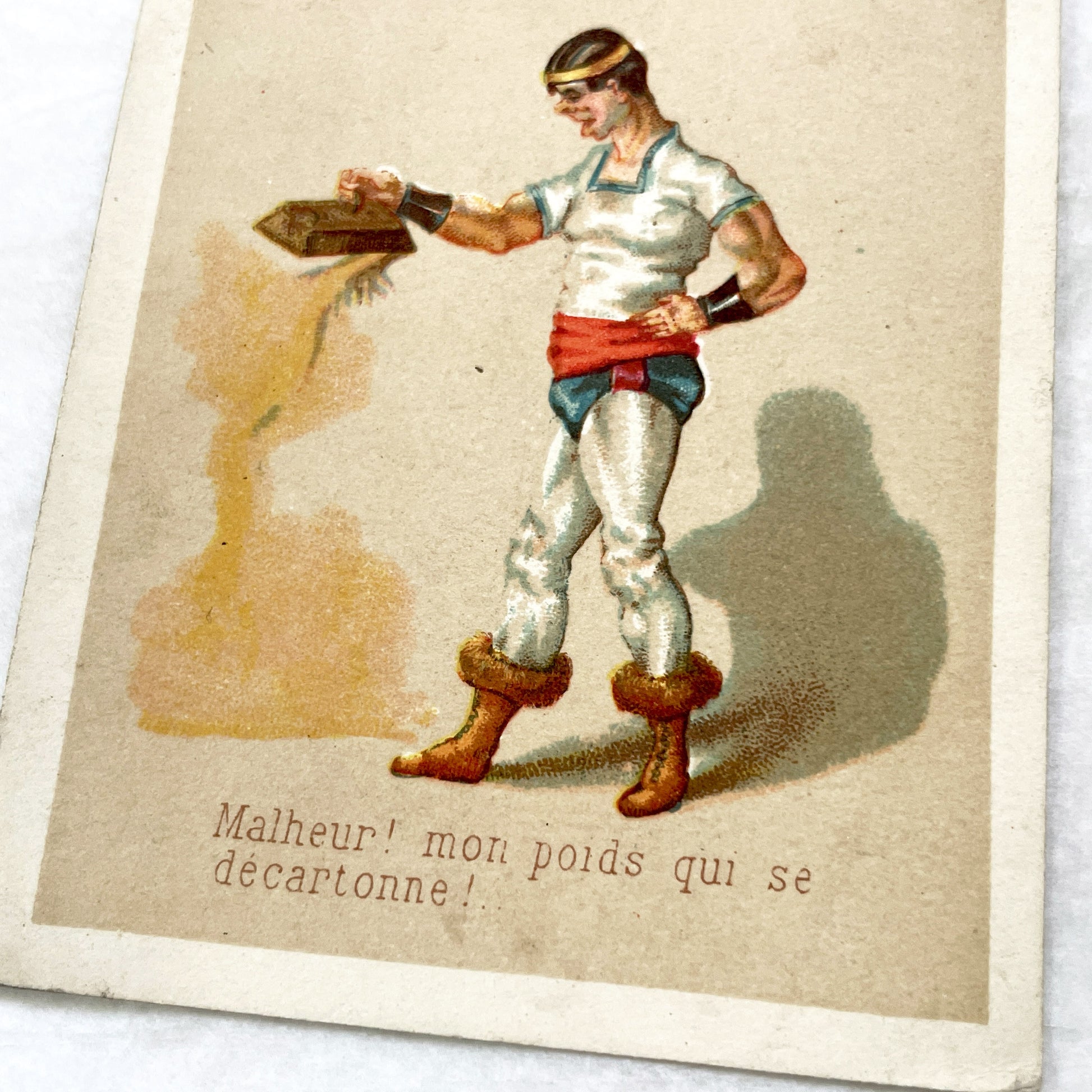 Late 19th - 2 Trade Cards - Parisian Haberdashery Advertising Chromos - Humorous Sailor and Strongman Illustrations - Vintage Ephemera